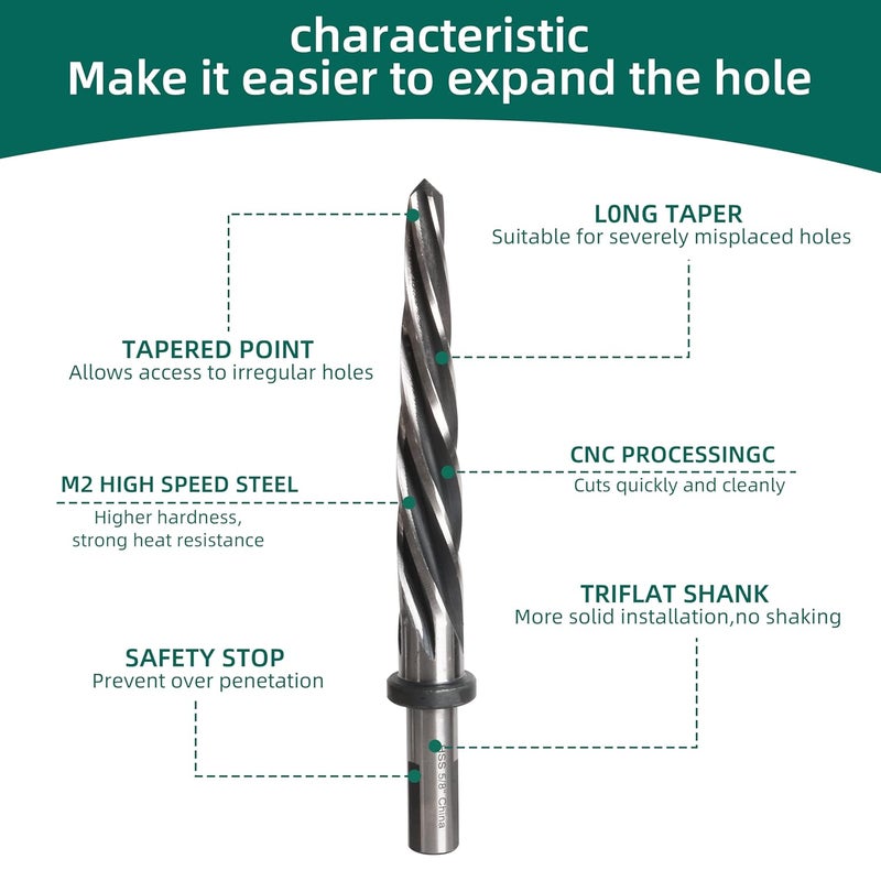 Riyhch 5PCS M2 HSS Taper Chucking Reamer Set 3/8",1/2",5/8",3/4",1 Fit 1/2" Round Shank Construction Reamer Drill Bit Bridge Also for Wood Alloy Steel Metal Align The existing Hole and Expand The Reamer - Image 3